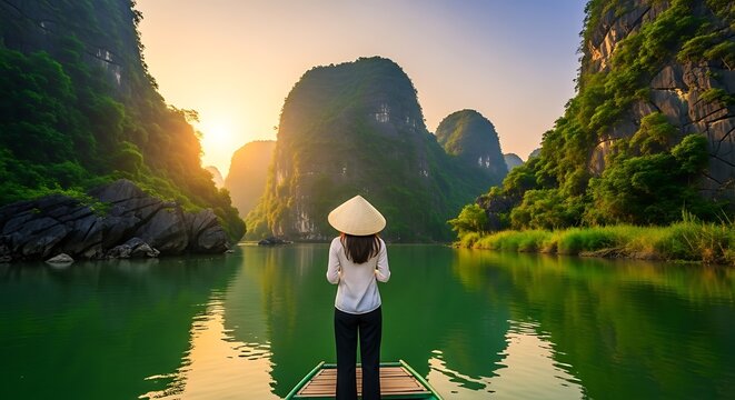 Woman in Vietnams Ninh Binh province enjoying the scenic landscape.