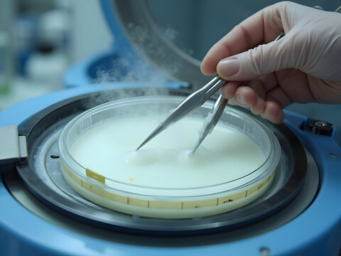 Detail shot: autoclave tape on Petri dish lid, scientist's hand with pincers lifting lid to access culture, steam indicator visible, sterile workflow