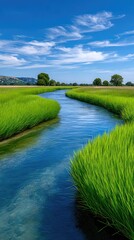Vibrant Blue River Flows Through Lush Green Meadow Under a Bright Summer Sky with Wispy Clouds