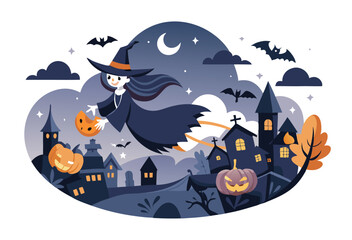 Whimsical Halloween Illustration of Witch Flying Over Spooky Town