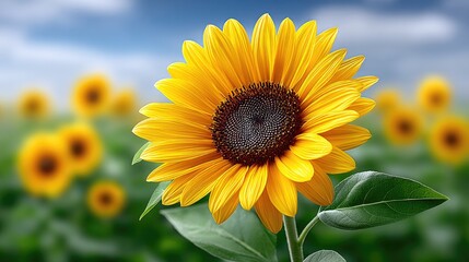 Vibrant Field of Sunflowers Under a Bright Blue Sky with Fluffy Clouds on a Sunny Day Featuring a Large Sunflower in the Foreground with Green Leaves and Yellow Petals and a Dark Center