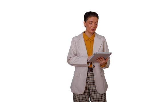 Professional businesswoman analyzing data on digital tablet, using technology for work and communication, transparent background