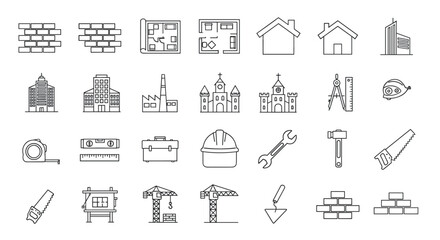 Collection of construction and architecture line icons, including brick walls, floor plans, various buildings like houses, factories, and churches, as well as tools such as tape measures, levels