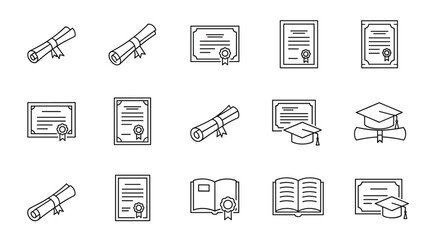 Collection of thin line icons representing diplomas, certificates, graduation caps, and open books, perfect for educational websites, academic applications, and design projects requiring a clean