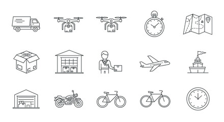 A comprehensive collection of thin line icons representing various delivery and transportation methods, including trucks, drones, airplanes, ships, motorcycles, bicycles, warehouses, packages, maps