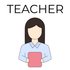 A flat vector icon of a teacher holding a pink tablet or book in his hands. Ideal for educational materials, presentations, websites, and designs related to learning, teaching, and school topics.
