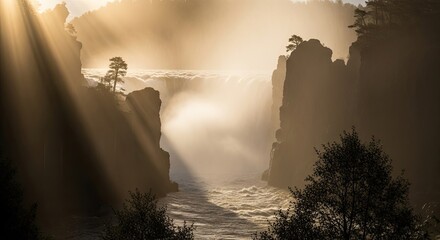 Breathtaking waterfall cascading between rocky cliffs bathed in golden sunlight, creating a mystical and enchanting landscape perfect for travel and adventure themes