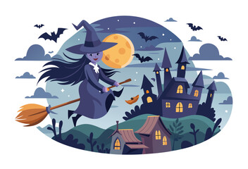 Whimsical Halloween Witch Flying on Broomstick over Spooky Castle Town