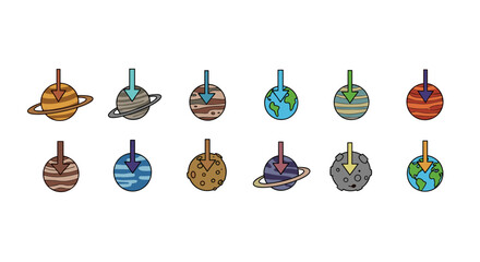 Collection of stylized planets with downward-pointing arrows, representing celestial bodies and cosmic themes, perfect for graphic design, web development, app icons, advertising, and educational
