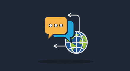 Global communication concept illustration with speech bubbles and a stylized planet Earth, representing international messaging, online chat, and worldwide connectivity. Clean vector graphic suitable
