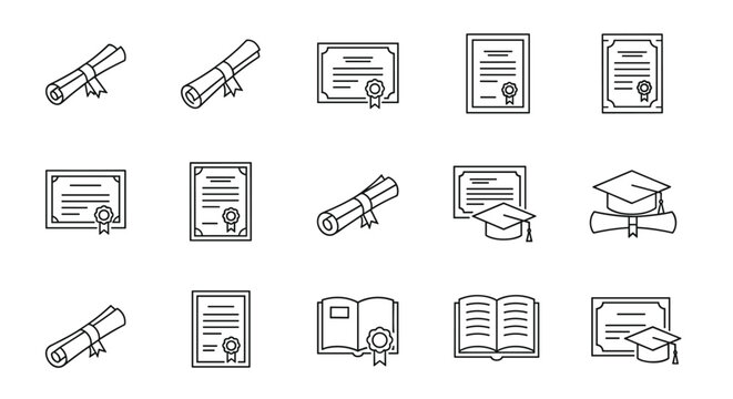 Collection of thin line icons representing diplomas, certificates, graduation caps, and open books, perfect for educational websites, academic applications, and design projects requiring a clean