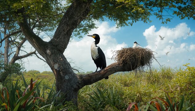 Natural habitat of the white-breasted cormorant on a tree branch with bird nests