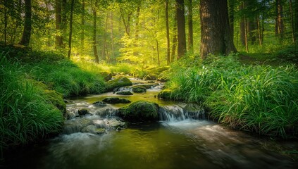 Obraz premium Mossy stones along a woodland creek