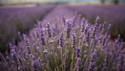 Obraz premium Close-up of lavender plants in a field, showcasing cultivation practices, aromatherapy benefits