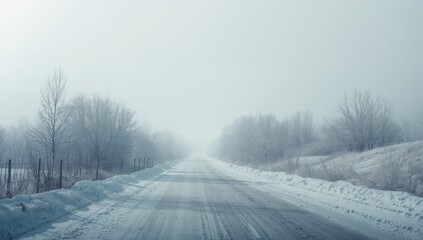 Fototapeta premium Snowy winter landscape with a frosted road, highlighting seasonal change