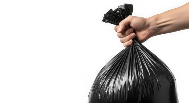 Hand holding a full black plastic garbage bag for waste disposal