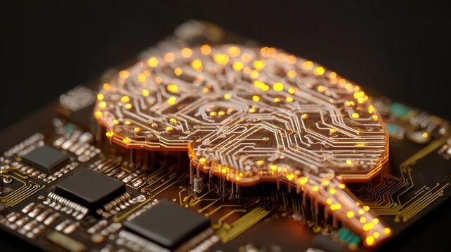 Glowing circuit board in shape of brain concept of artificial intelligence technology innovation and digital future macro detail - Powered by Adobe
