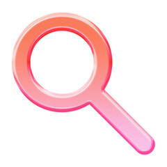 Glossy 3D glassmorphism magnifying glass icon with a search symbol in pink and orange