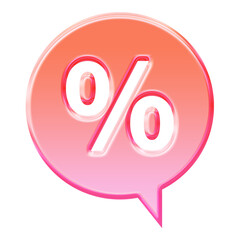 Glossy 3D glassmorphism percent icon with a discount symbol in a pink and orange chat bubble