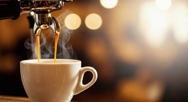 Close-up of Rich Espresso Shot Pouring into White Cup with Crema and Steam