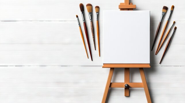 Creative studio setup with an easel, empty canvas, and painting tools ready for artistic expression