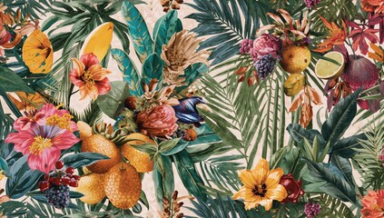Obraz premium Seamless floral collage featuring tropical plants and fruits, ideal for editorial design