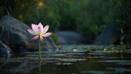 Beautiful lotus flower emerging in the serene pond environment, symbolizing seasonal change