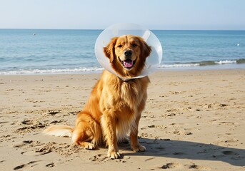 Golden Retriever Dog with Cone Collar on Sandy Beach.
