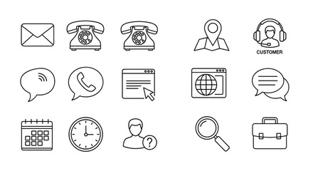 Contact icon set featuring email, phone, address, customer service, call, website, calendar, clock, search, and briefcase. This collection of ordered line icons offers a comprehensive visual