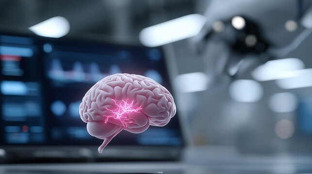 High-tech cognitive research facility showcasing holographic brain visualizations, neon-lit neural pathways, automated robotic instruments, and real-time digital analytics for advanced neuroscience in