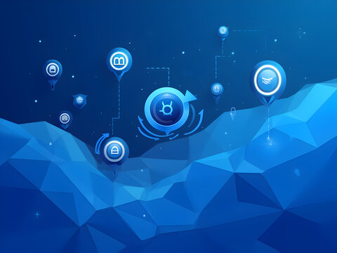 Horizontal vector banner &ldquo;DeFi protocol suite&rdquo; on abstract blue polygons, AMM swap arrows, liquidity pair LP token, staking lock, governance vote check