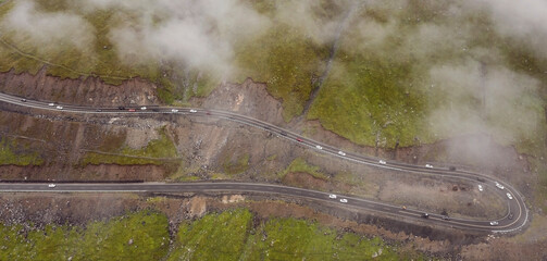 Aerial view of the winding road in the mountains