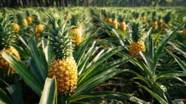 Pineapple Plantation with Ripe Fruits and Vibrant Green Leaves in a Sunny Outdoor Setting Ready for Harvest Growing in Straight Rows under Bright and Natural Lighting