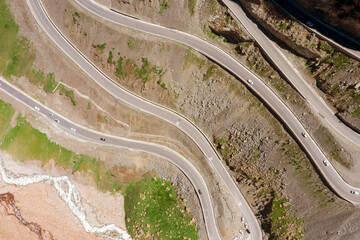 Aerial view of the winding road in the mountains
