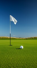 Obraz premium Golf Ball and Flag on Green Course Under Blue Sky.