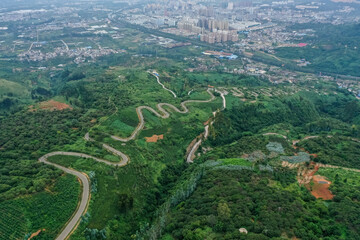 Aerial view of the winding road in the mountains