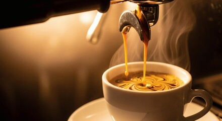 Close-up of Rich Espresso Shot Pouring into White Cup with Crema and Steam
