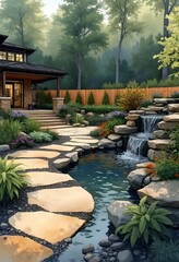 Private resort with pond and waterfall in serene garden setting  