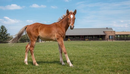 Fototapeta premium Chestnut colt in a playful stance on a ranch, showcasing youthful energy