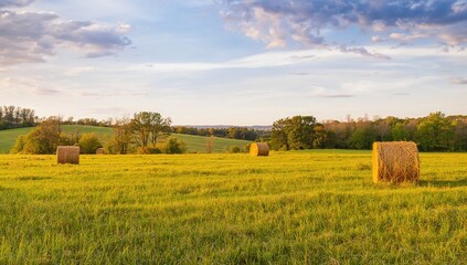 Fototapeta premium Golden hay bales scattered throughout a vibrant green field, suggesting a fruitful harvest season