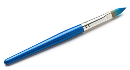 A blue handled paintbrush with blue paint on its tip