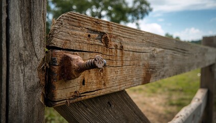 Closeup of a rusty screw and nail on a wooden gate, showcasing texture and design, rural setting