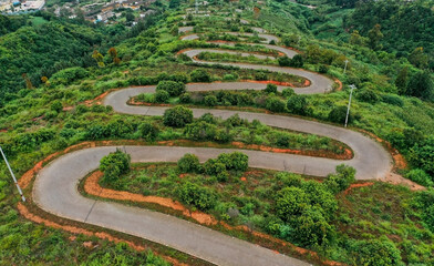 Aerial view of the winding road in the mountains