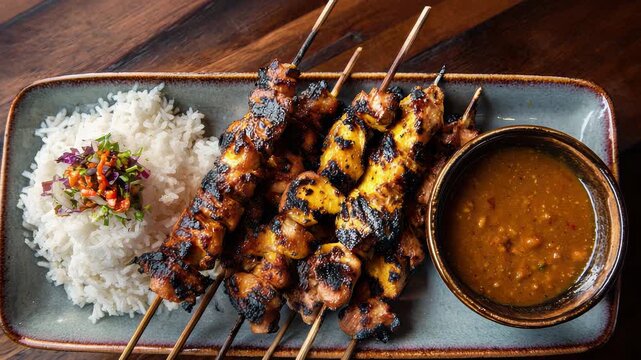 Overhead Shot of Grilled Chicken Skewers with Rice and Peanut Sauce on Rectangular Gray Plate Placed on Wooden Table with Vibrant Colors and Sharp Focus