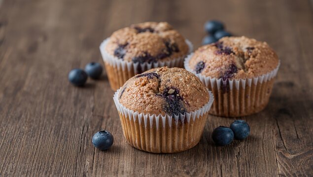 Freshly baked homemade muffins with blueberries on a rustic wooden table, fiber-dense choice