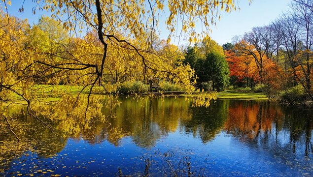 Autumn leaves in vibrant yellow by a tranquil pond with reflections