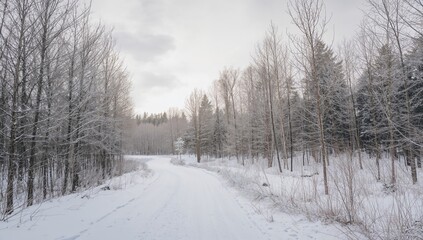 Fototapeta premium A trail winding through the forest, showcasing winter's beauty, seasonal change