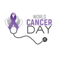 World Cancer Day, February 4: Banner design with purple ribbon and world map. Vector illustration