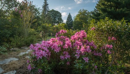 Naklejka premium Vibrant pink azalea blossoms flourishing in a lush garden
