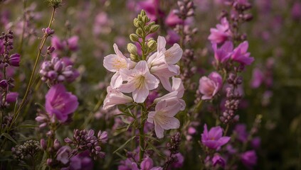 Fototapeta premium Campanula flowers in a natural setting, showcasing seasonal change